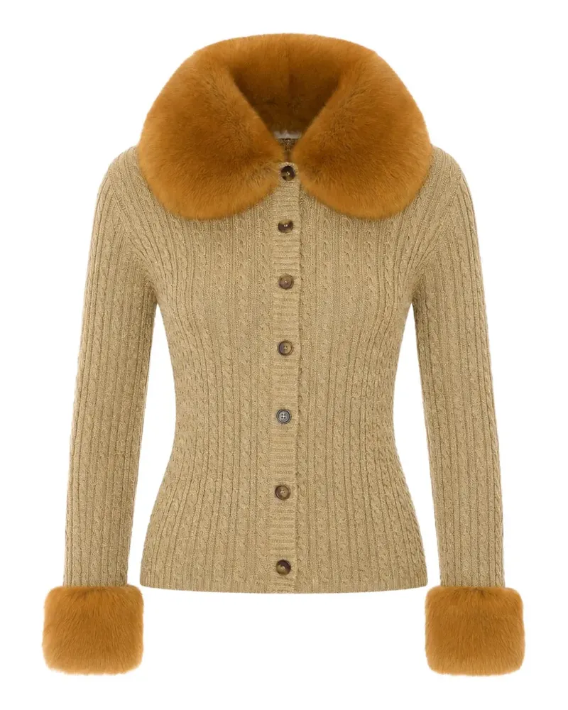 Saint Laurent faux-fur trim cable-knit cardigan - Nude Nude