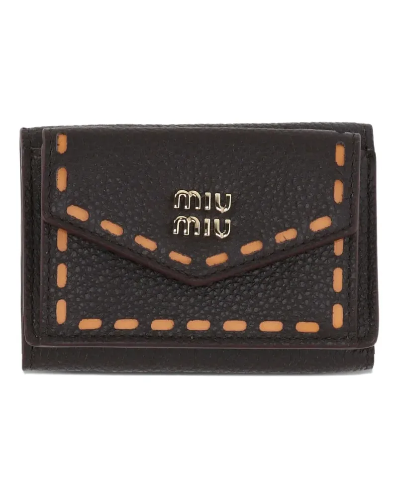 Miu Miu whipstitch-trim logo-plaque wallet - Braun Braun