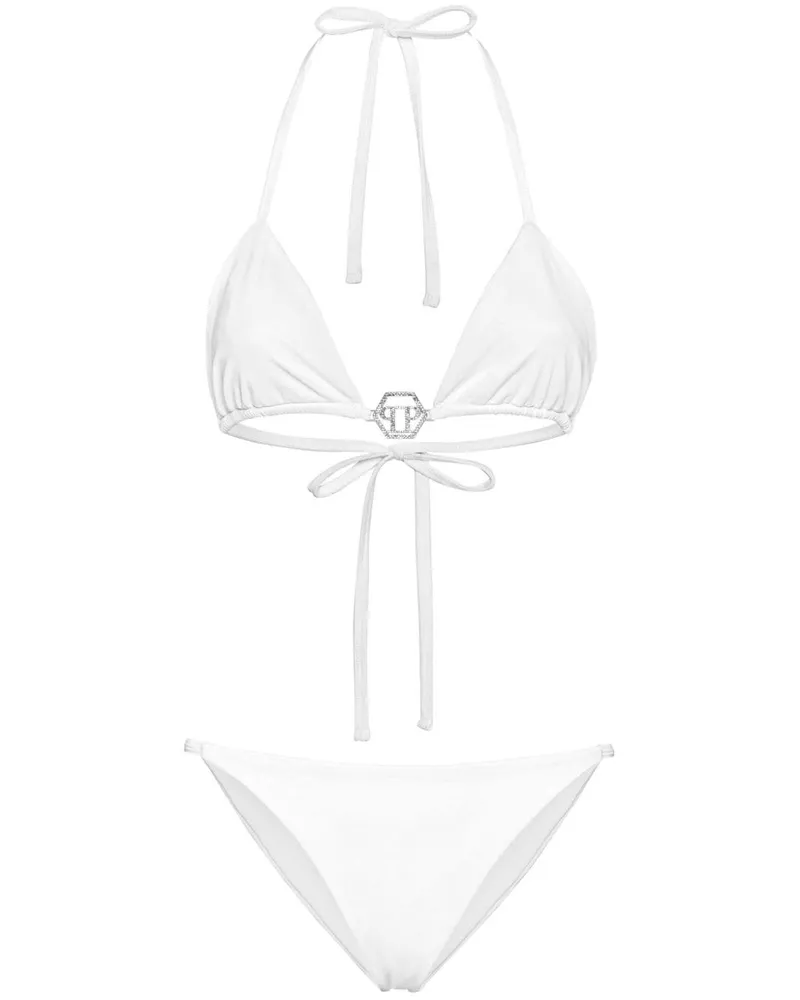 Philipp Plein Triangel-Bikini mit Logo-Schild Weiß