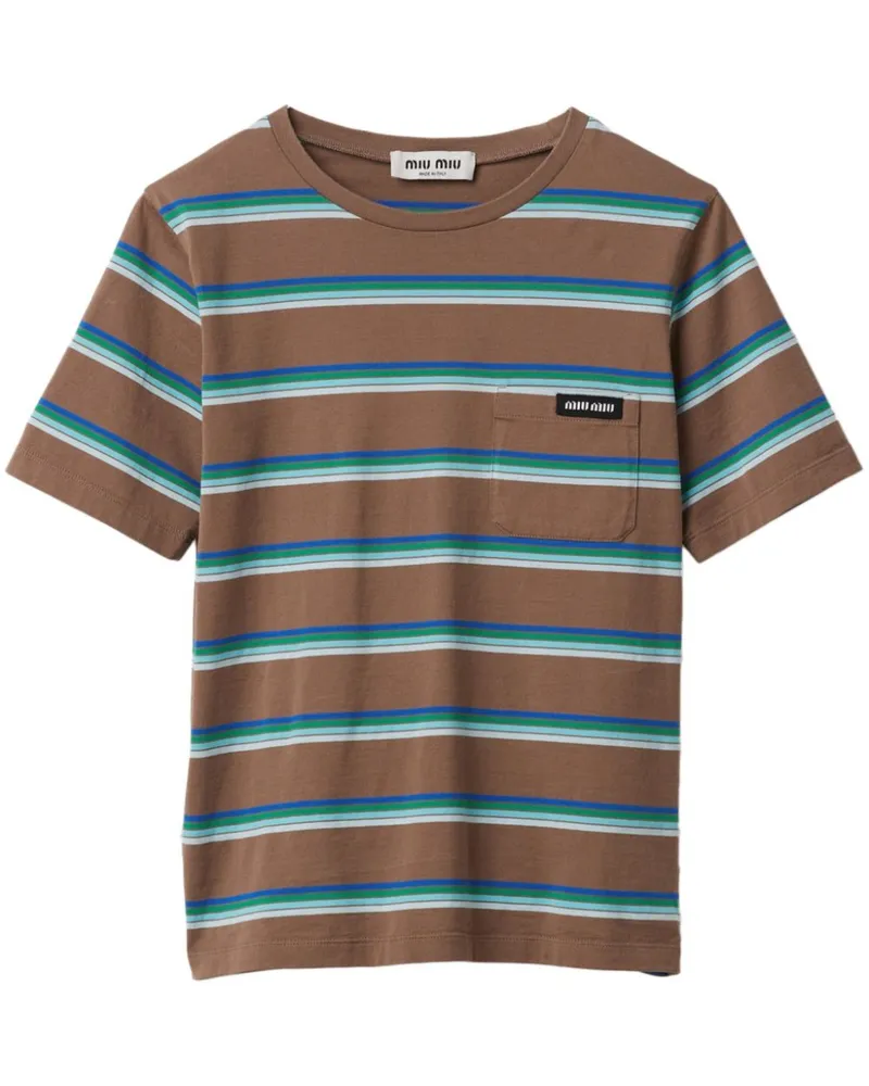 Miu Miu Gestreiftes T-Shirt mit Logo-Patch - Braun Braun