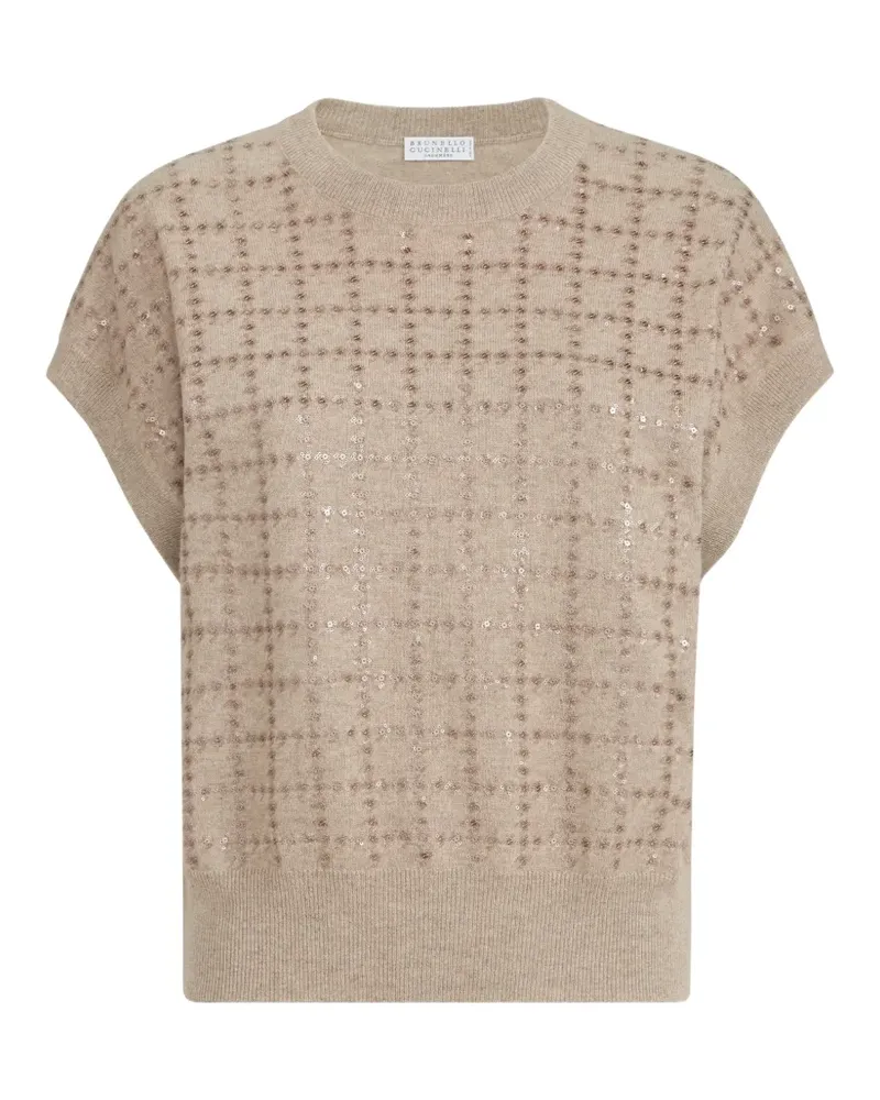 Brunello Cucinelli Kaschmir-Top mit funkelnder Windowpane-Stickerei - Nude Nude