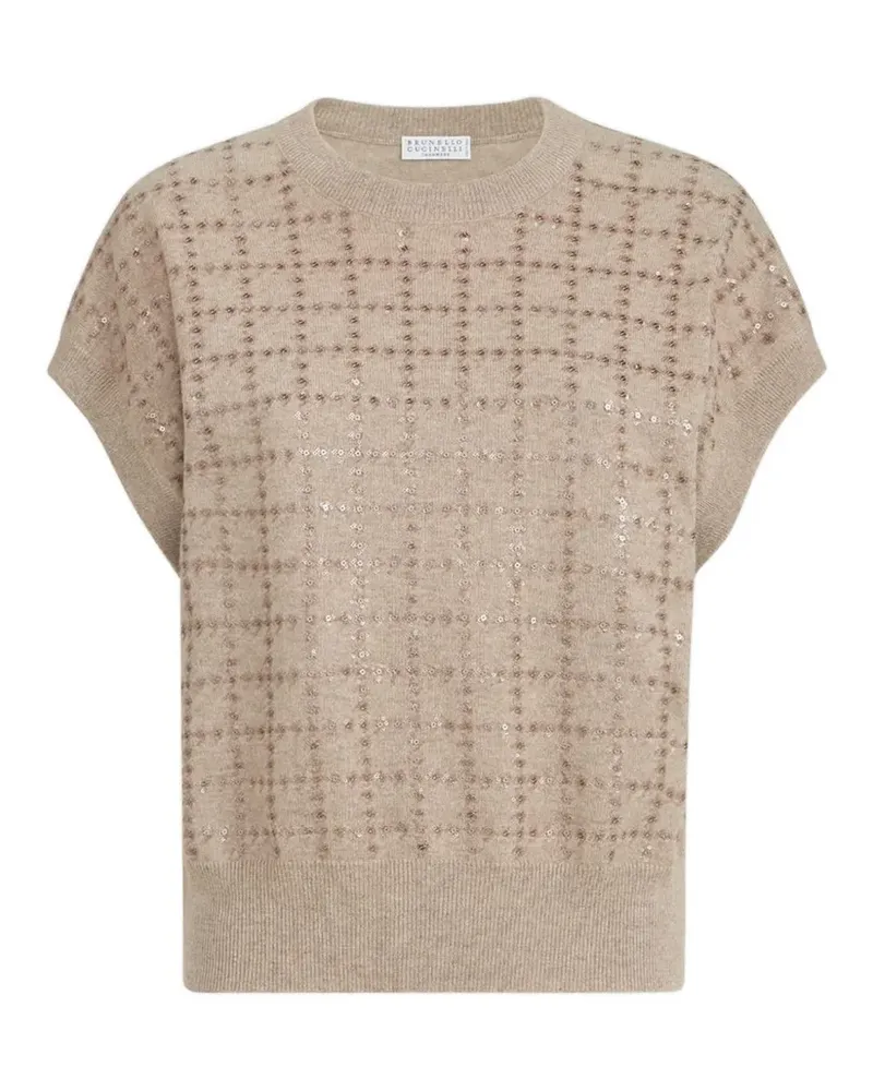 Brunello Cucinelli Kaschmir-Top mit funkelnder Windowpane-Stickerei - Nude Nude
