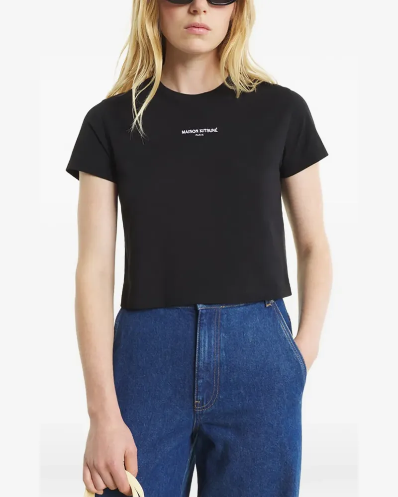 Kitsuné Cropped-T-Shirt mit Logo-Print - Schwarz Schwarz