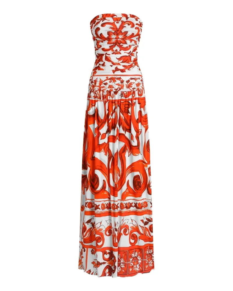 Dolce & Gabbana Langes Organzine Kleid mit Majolica-Print - Orange Orange