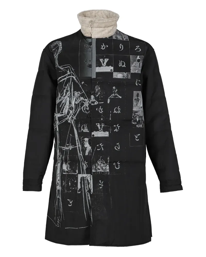Yohji Yamamoto Wattierter Mantel mit grafischem Motiv - Schwarz Schwarz