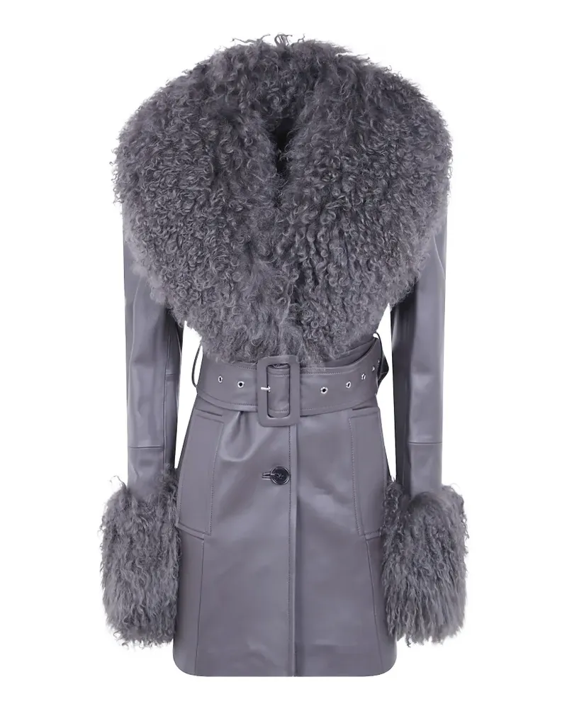 STAND Mantel mit Gürtel und Shearling-Besatz - Grau Grau