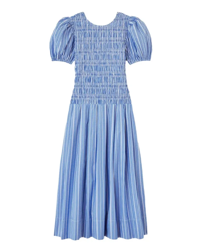 Ganni Gestreiftes Kleid mit gesmokter Taille - Blau Blau