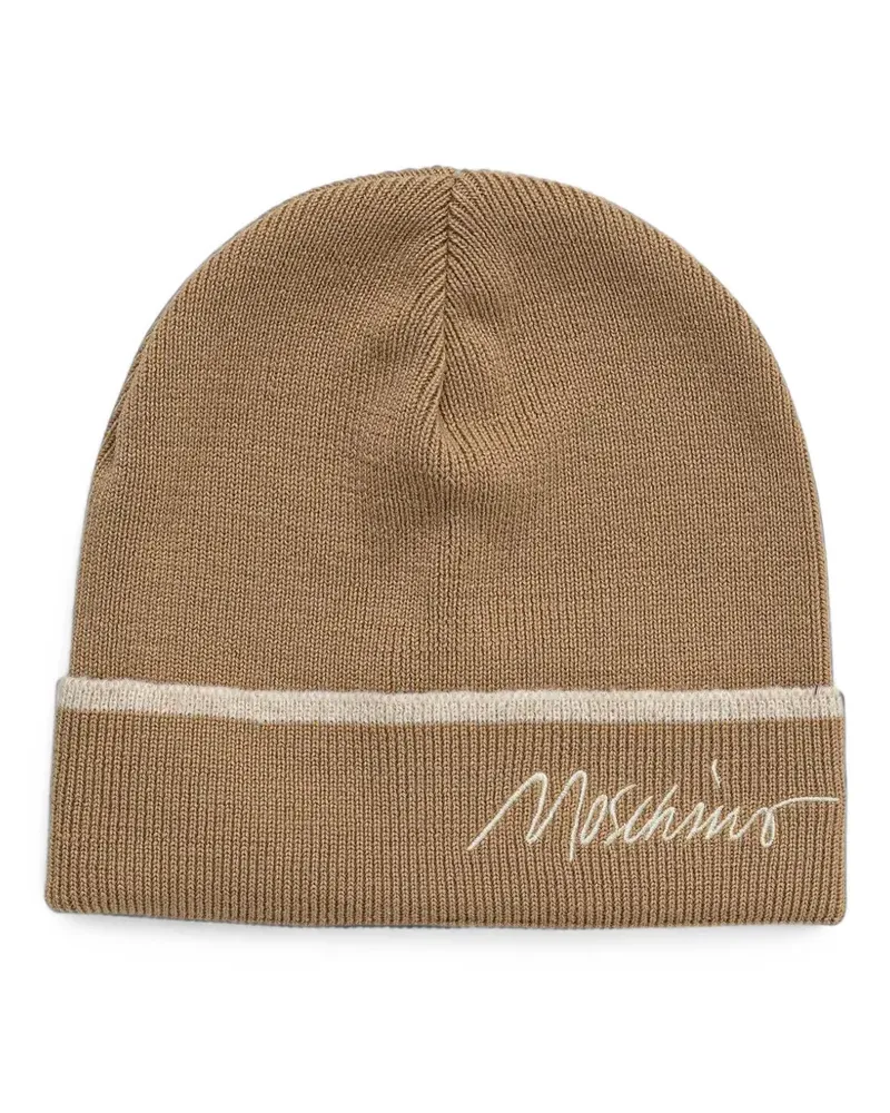 Moschino logo-embroidered stripe-detail beanie hat - Nude Nude