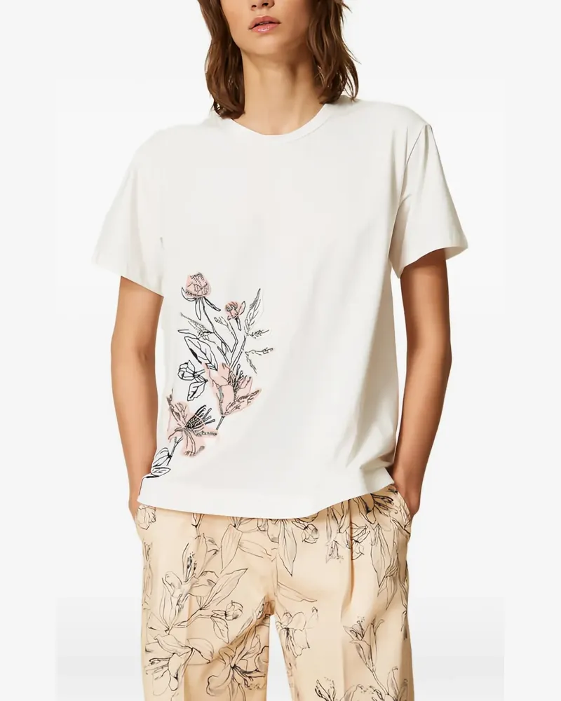 Twin-Set T-Shirt mit Blumenstickerei - Weiß Weiß