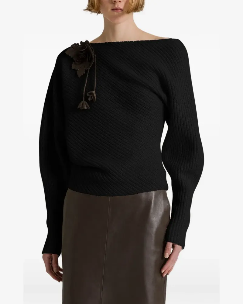 Alberta Ferretti Gerippter Strickpullover mit Blumenapplikation - Schwarz Schwarz