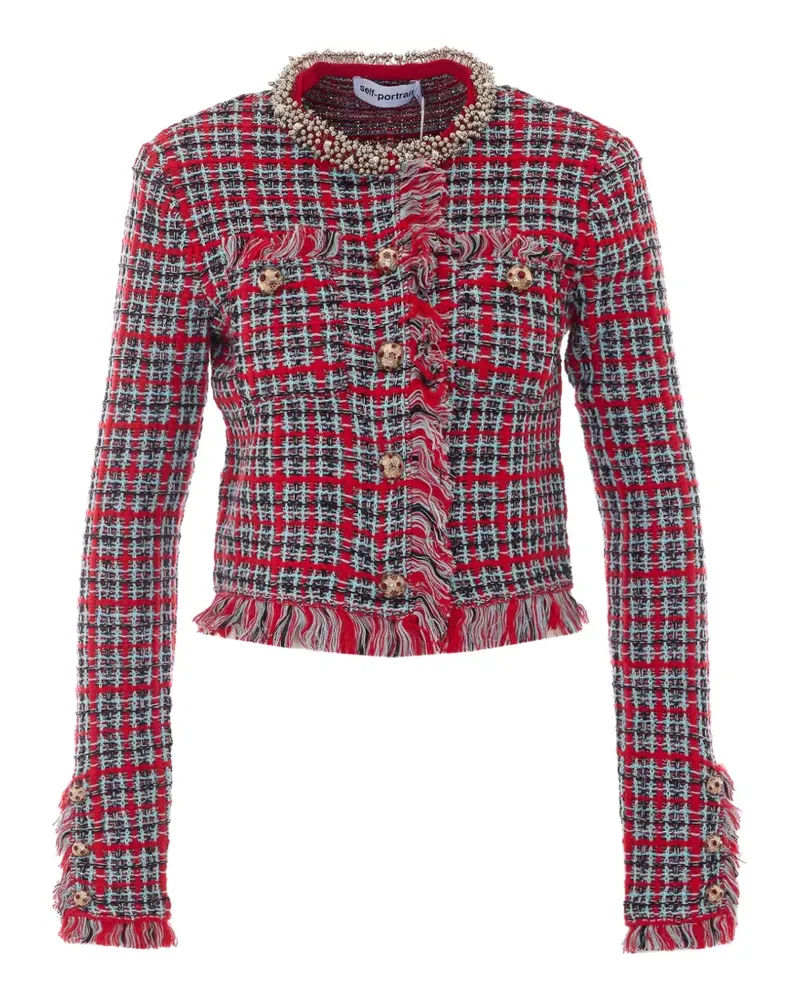 Self-Portrait checked frayed knit jacket - Rot Rot
