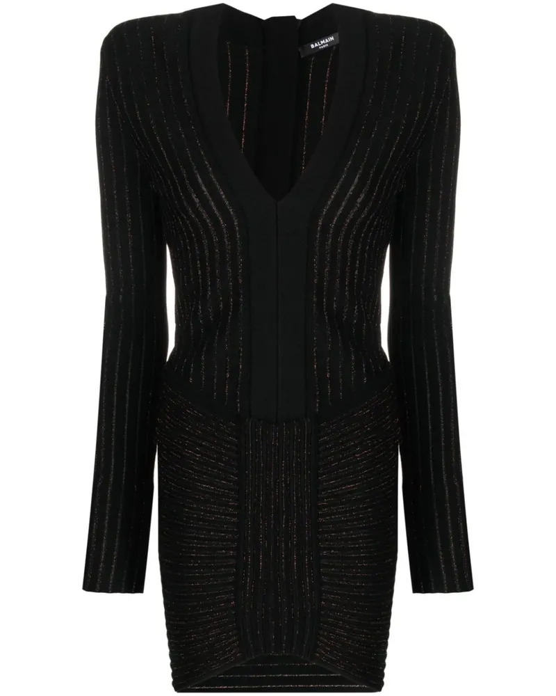 Balmain Geripptes Kleid mit V-Ausschnitt - Schwarz Schwarz