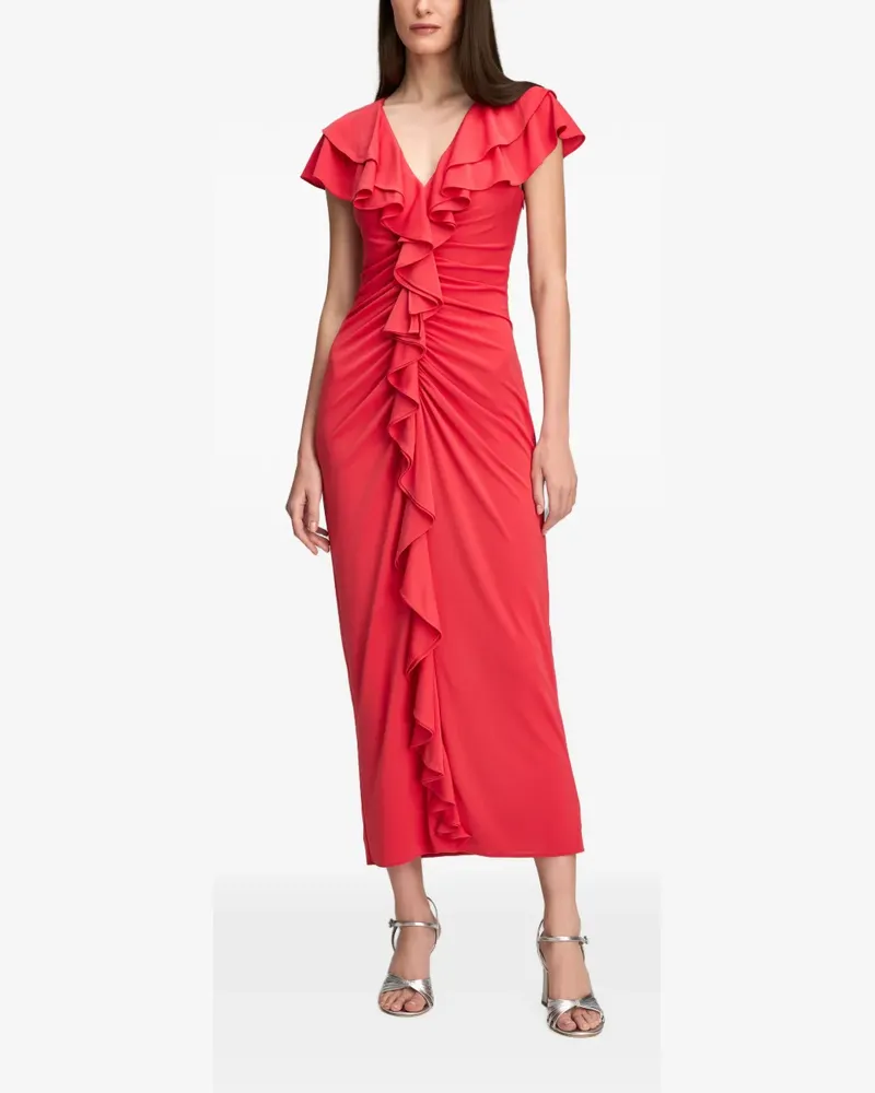 Cinq à Sept Gerafftes Tallis Midikleid mit Rüschen - Rot Rot