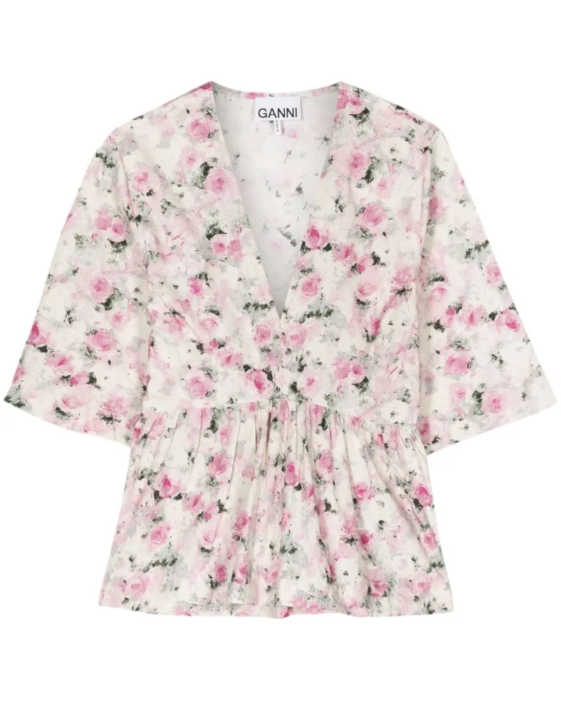 Ganni Bluse aus Bio-Baumwolle mit Blumen-Print Weiß