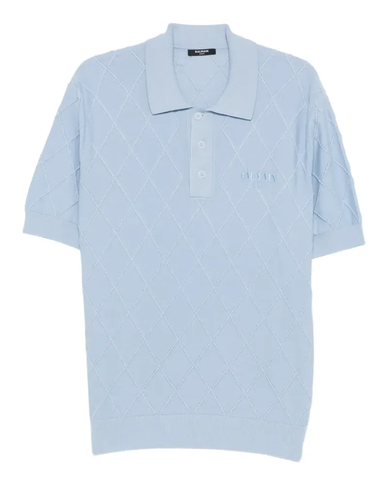 Balmain Poloshirt in Rautenstrick mit Logo-Stickerei - Blau Blau