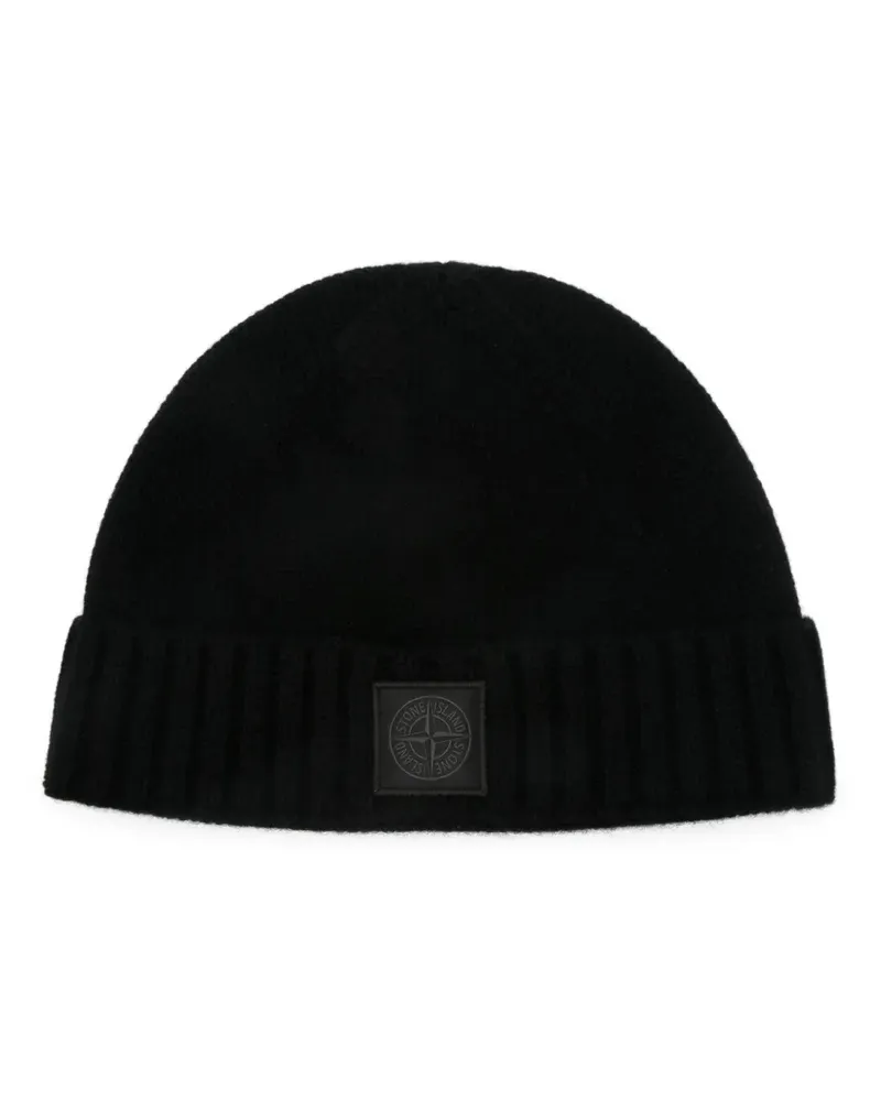 Stone Island Gerippte Beanie mit Logo-Patch - Schwarz Schwarz