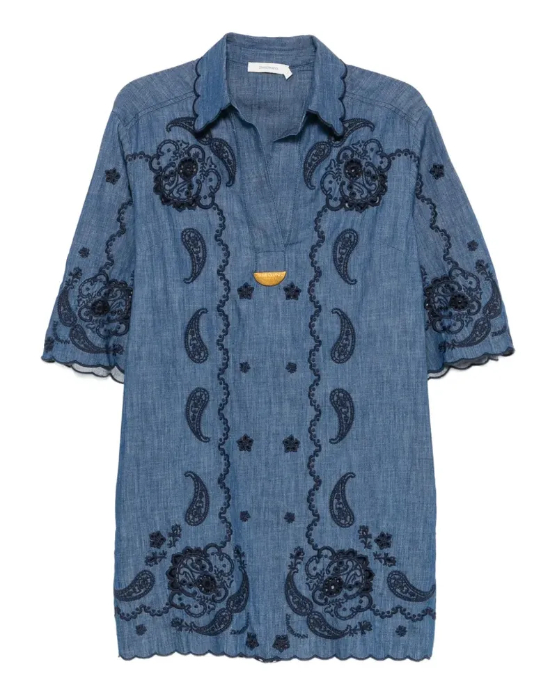 Zimmermann mini Aster paisley-embroidered scalloped dress - Blau Blau