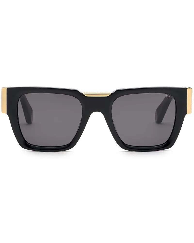Philipp Plein Eckige Sonnenbrille mit Logo-Schild - Schwarz Schwarz