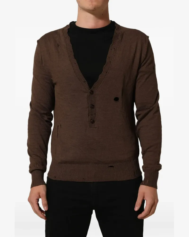 Dolce & Gabbana distressed buttoned V-neck sweater - Braun Braun