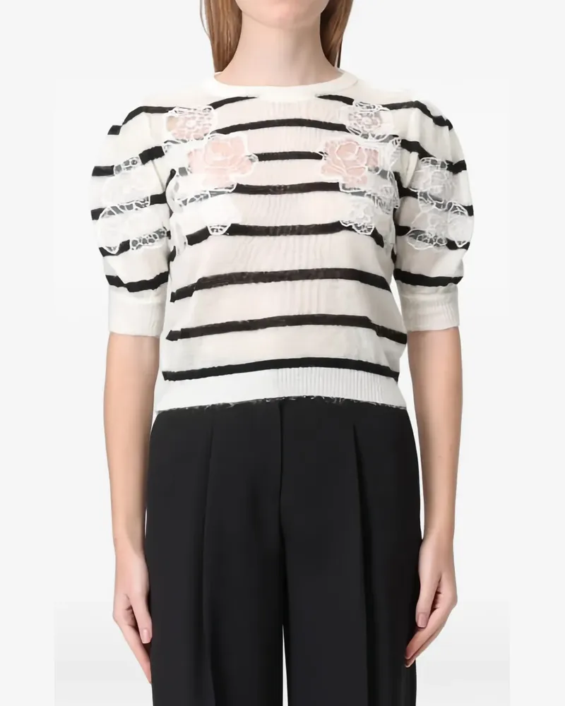 Twin-Set striped floral-detail T-shirt - Nude Nude