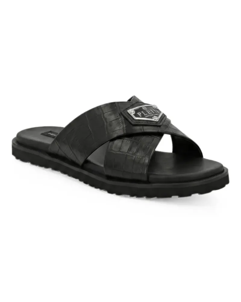 Philipp Plein leather slippers criss-cross cocco - Schwarz Schwarz