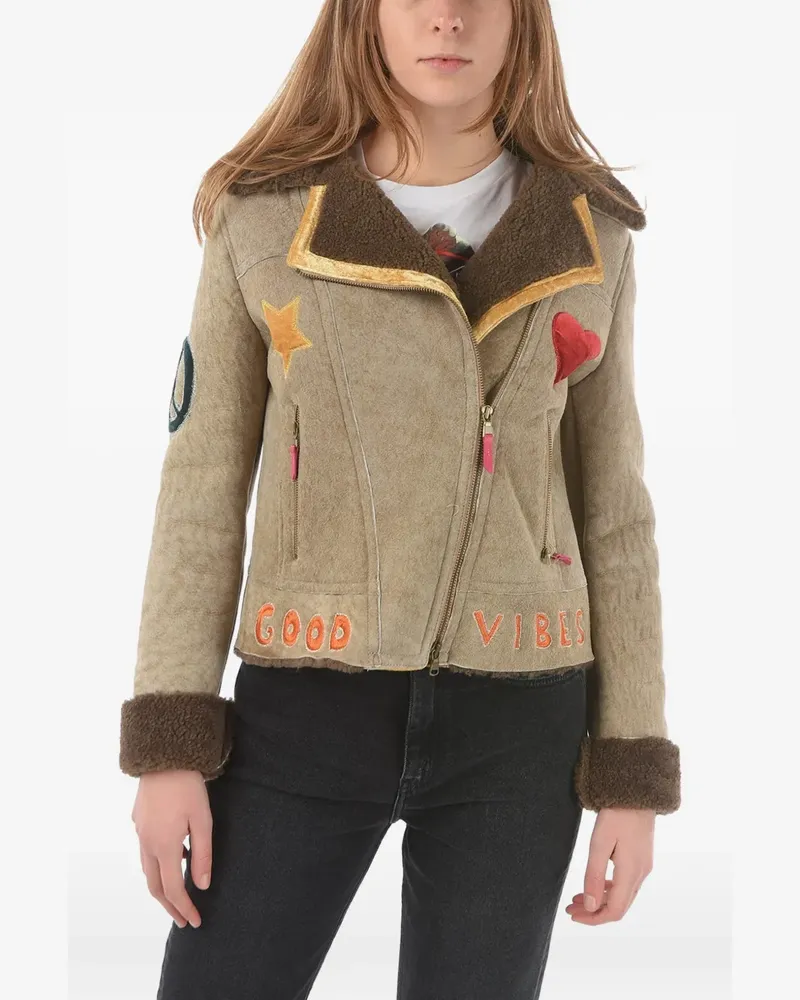 HISTORY REPEATS embroidered zip-up shearling jacket - Nude Nude