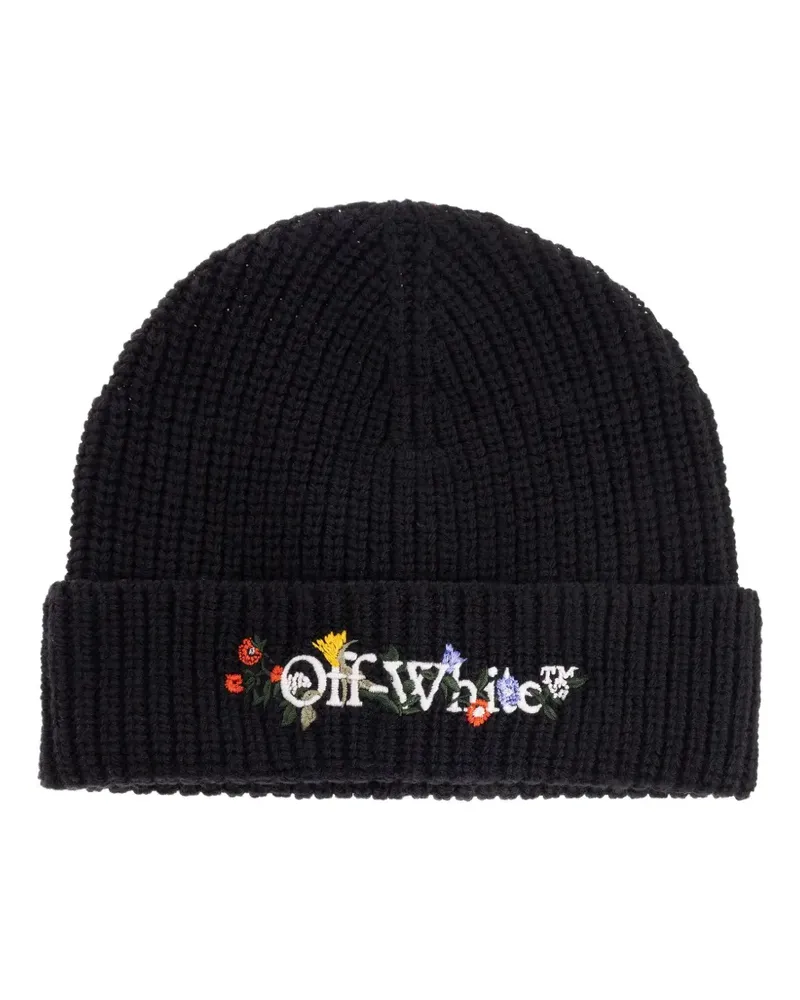 OFF-WHITE floral-embroidered ribbed beanie hat - Schwarz Schwarz