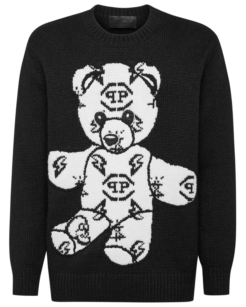 Philipp Plein Jacquard-Pullover mit aufgesticktem Teddy - Schwarz Schwarz