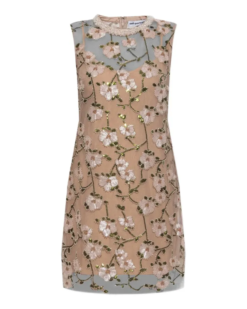 Self-Portrait pink floral sequin-embellished mini dress - Nude Nude