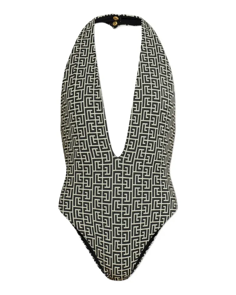 Balmain monogram-pattern halterneck swimsuit - Schwarz Schwarz