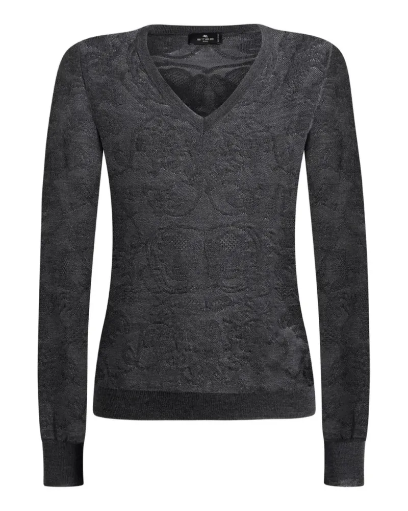 Etro Pullover aus Woll-Jacquard mit V-Ausschnitt und platziertem Motiv - Grau Grau