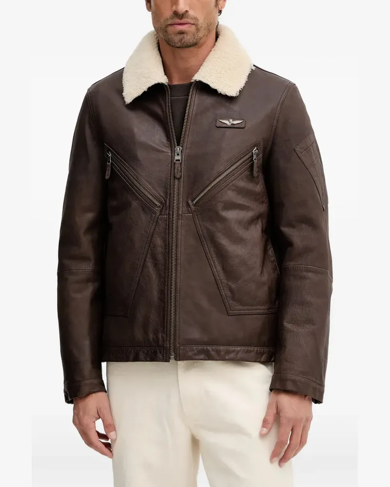 Aeronautica Militare zip-up textured-collar leather jacket - Braun Braun