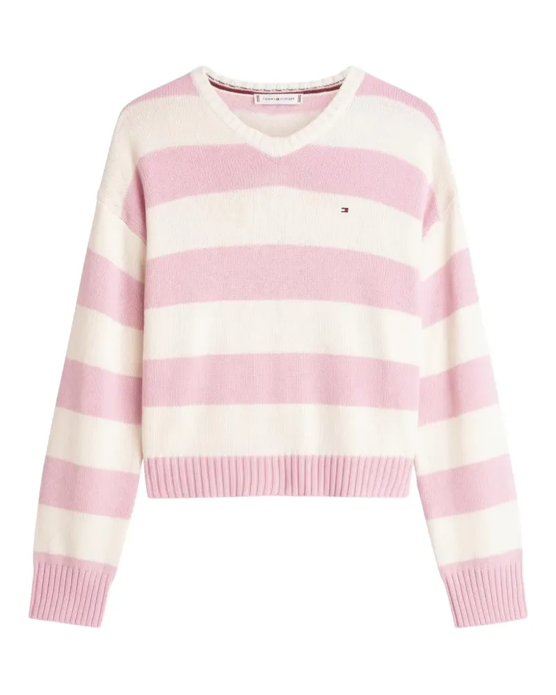 Tommy Hilfiger Gestreifter Pullover mit V-Ausschnitt - Rosa Rosa