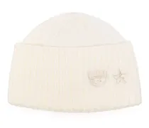 Gerippte Beanie mit Eye Star-Stickerei - Weiß