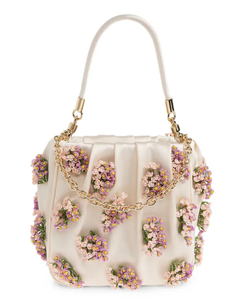 Self-Portrait floral-appliqué satin tote bag - Nude Nude