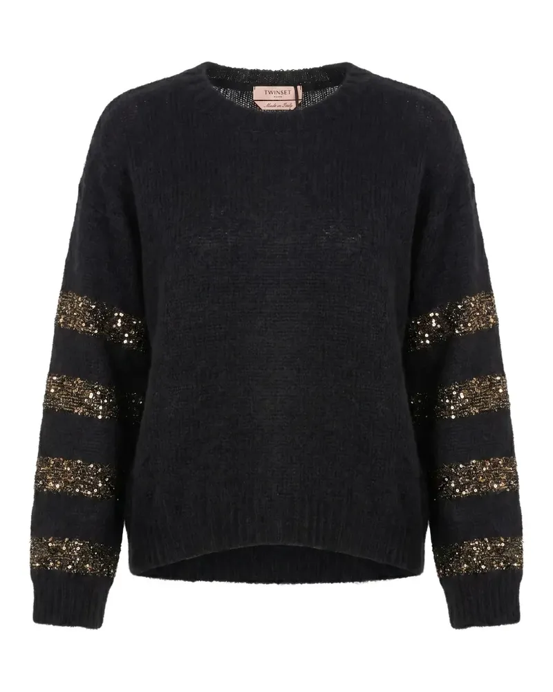 Twin-Set sequin-embellished striped-details crew-neck sweater - Schwarz Schwarz