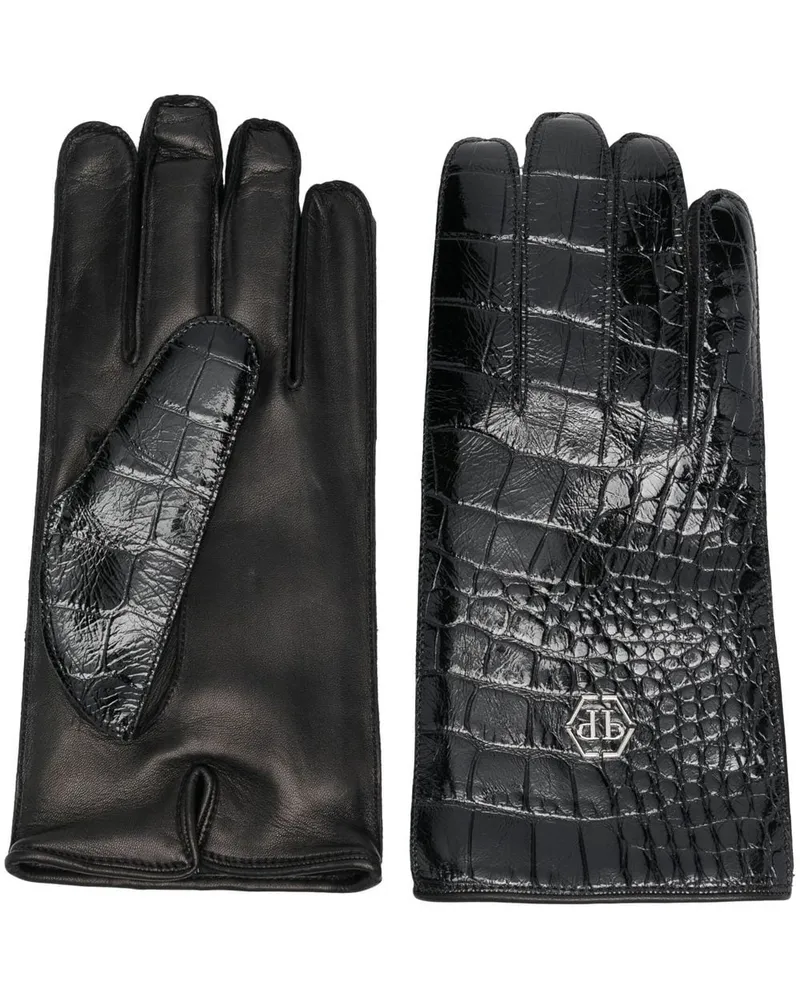 Philipp Plein Handschuhe mit Kroko-Effekt Schwarz