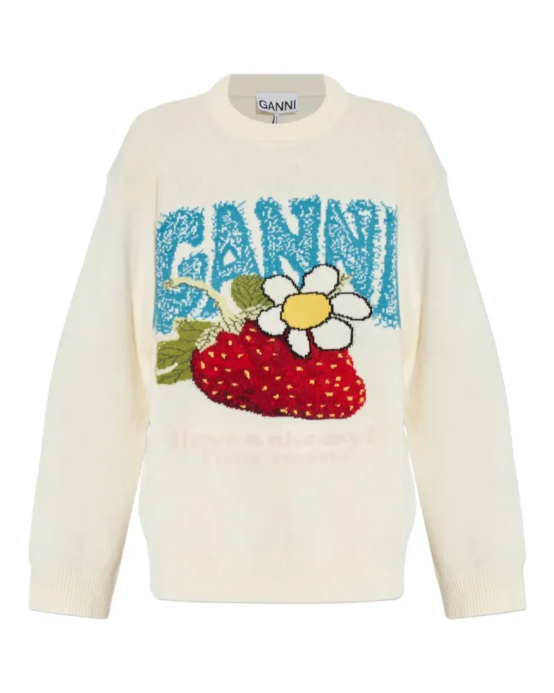 Ganni strawberry-intarsia knitted sweater - Nude Nude
