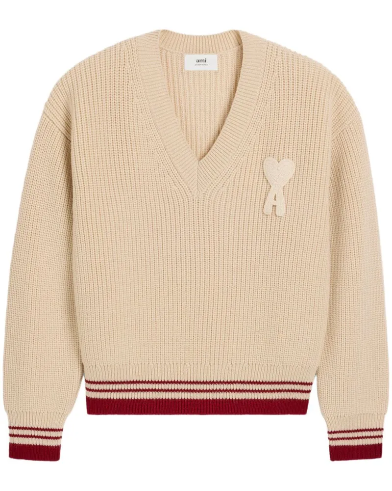 AMI Paris Gerippter Pullover mit V-Ausschnitt - Nude Nude