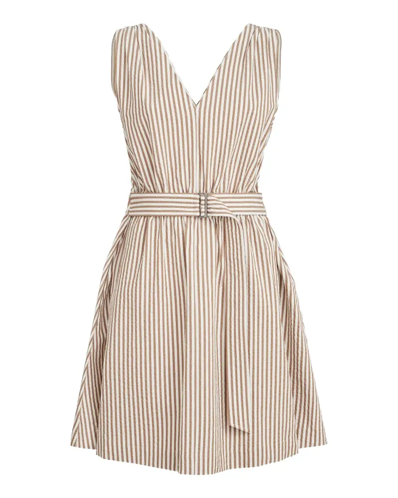 Brunello Cucinelli techno-cotton striped seersucker belted mini dress with monili - Nude Nude