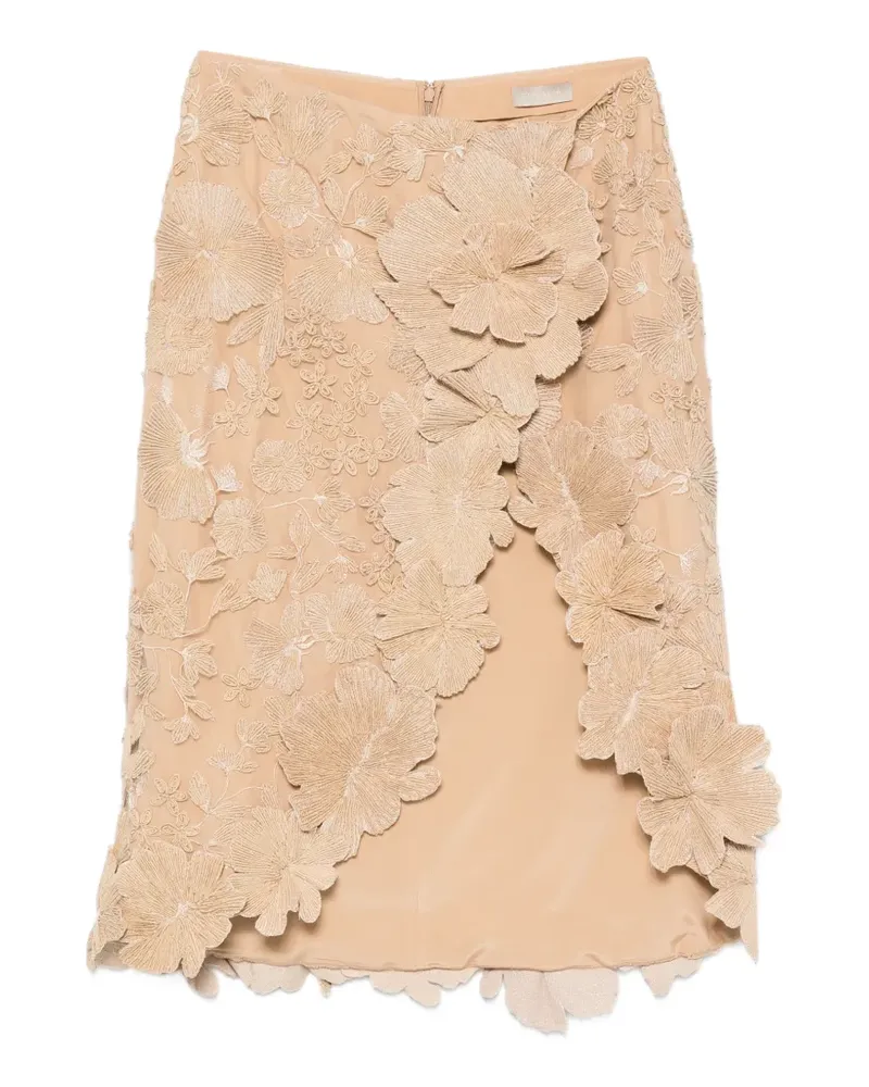 Elie Saab floral-appliqué midi skirt - Braun Braun