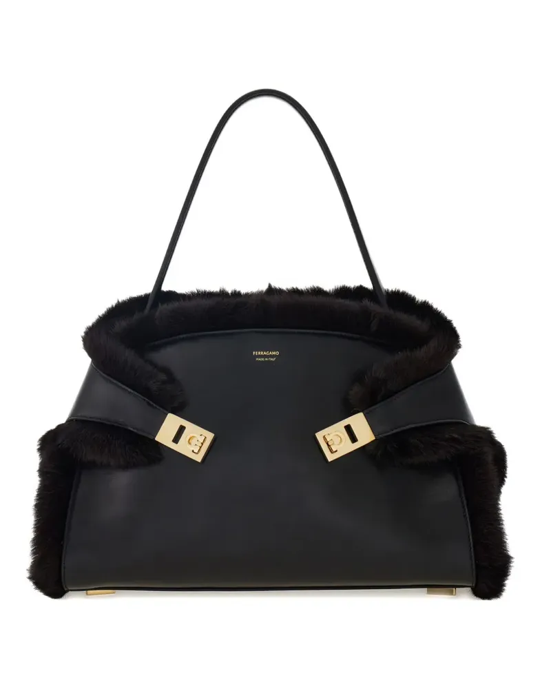 Ferragamo Mittelgroße Hug Soft Schultertasche mit Pelzbesatz - Schwarz Schwarz
