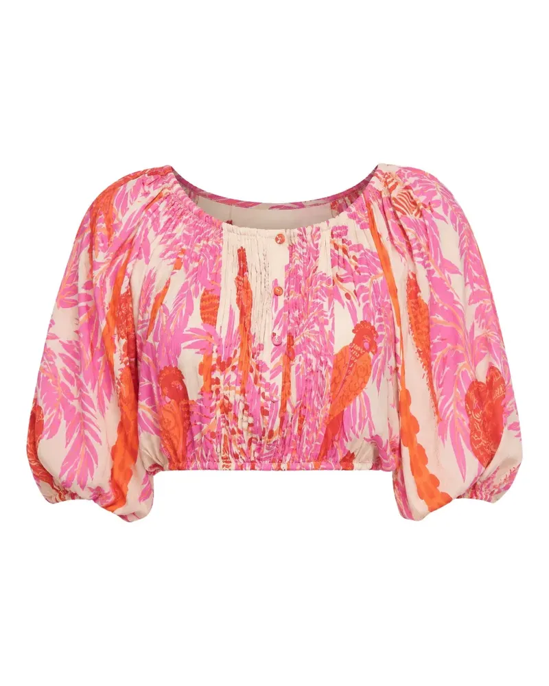 Poupette St Barth palm-leaf print puff-sleeve top - Rosa Rosa