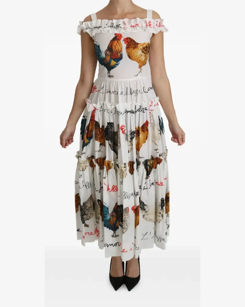 Dolce & Gabbana Gestuftes Kleid mit Hahn-Print - Weiß Weiß