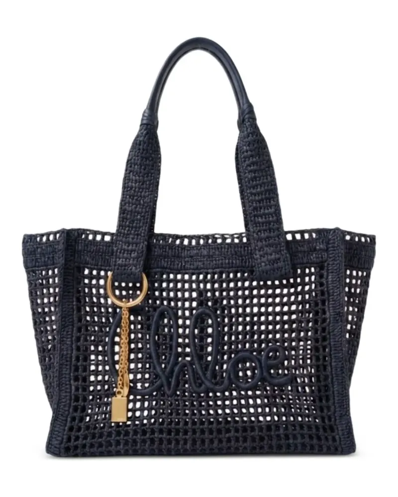 Chloé logo-embroidered open-knit tote bag - Blau Blau