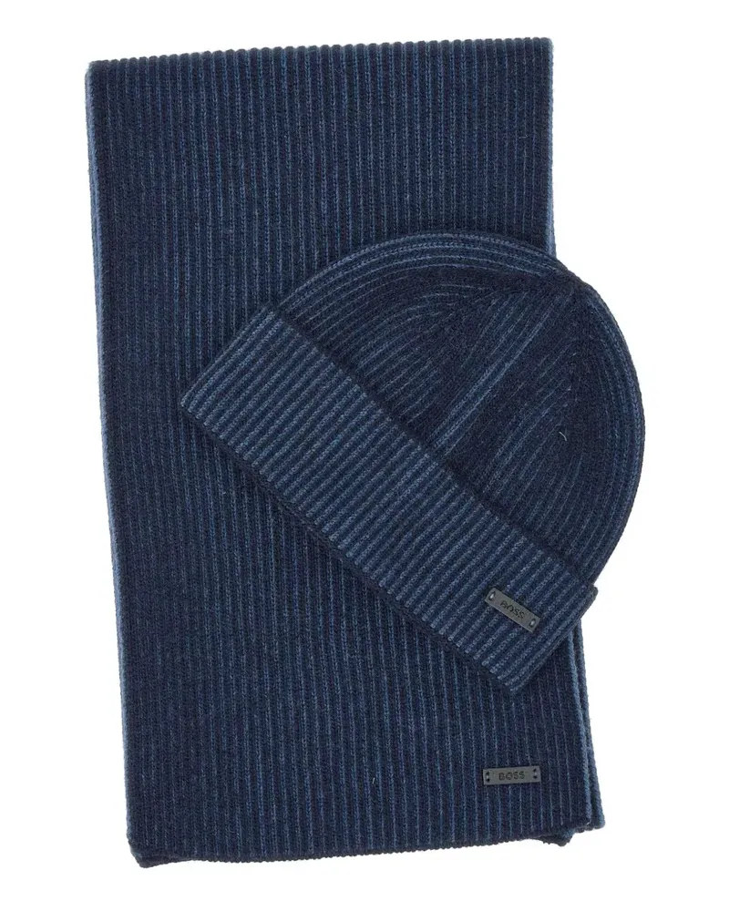 HUGO BOSS ribbed wool beanie and scarf set - Blau Blau