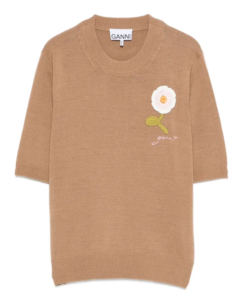 Ganni floral-appliqué short-sleeve sweater - Nude Nude