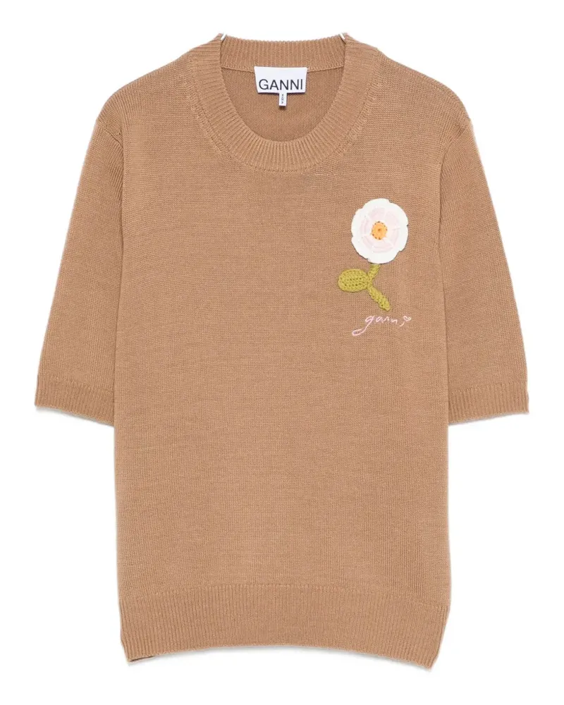 Ganni floral-appliqué short-sleeve sweater - Nude Nude