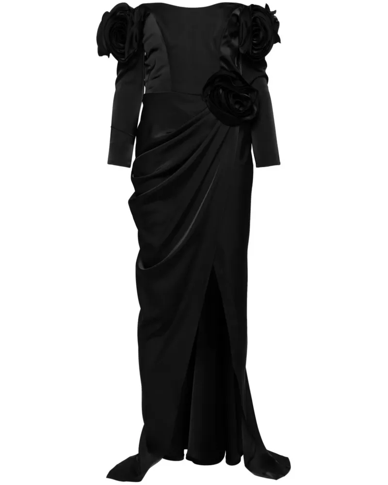 Ana Radu Satinrobe mit Blumenapplikation - Schwarz Schwarz