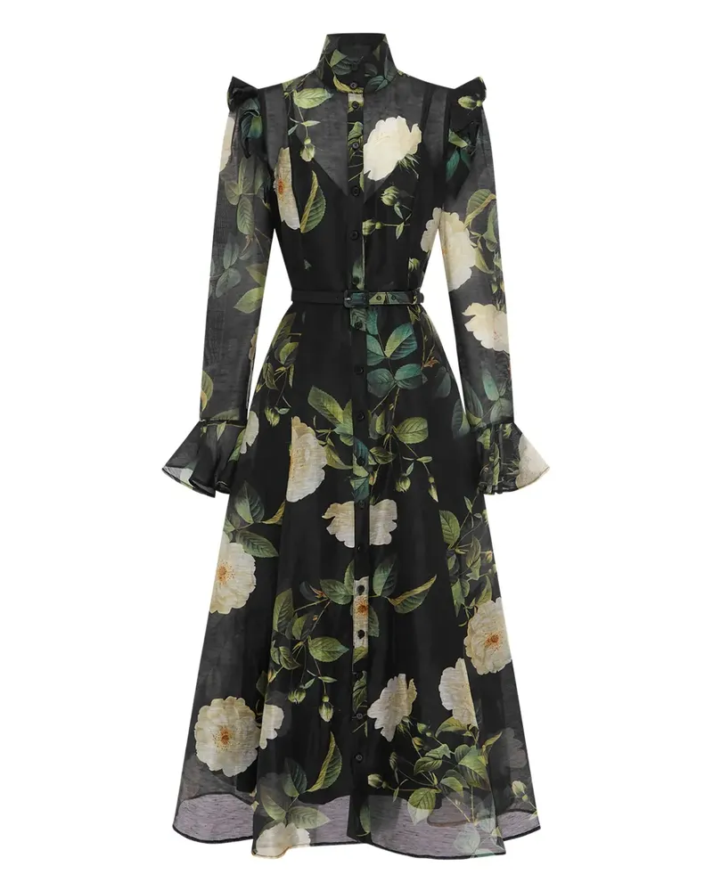 LEO LIN Maxikleid mit Blumen-Print - Schwarz Schwarz